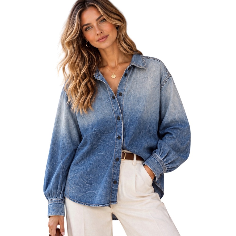 ARCH THE Blue Wide Denim Shirt 36 Oversized Cotton Button Down Korean Designer